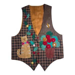 Vtg 1990s Handmade Brown Plaid Cat Floral Applique Novelty Button Up Vest XL